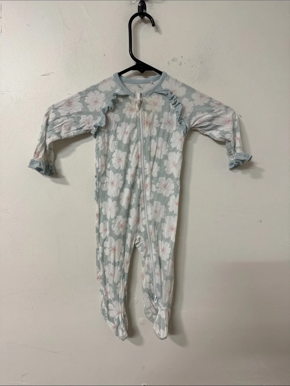 Floral Footed One-Piece Romper - Light Blue and White